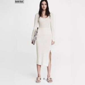 Cream Long-Sleeve Rib Knit Midi Dress